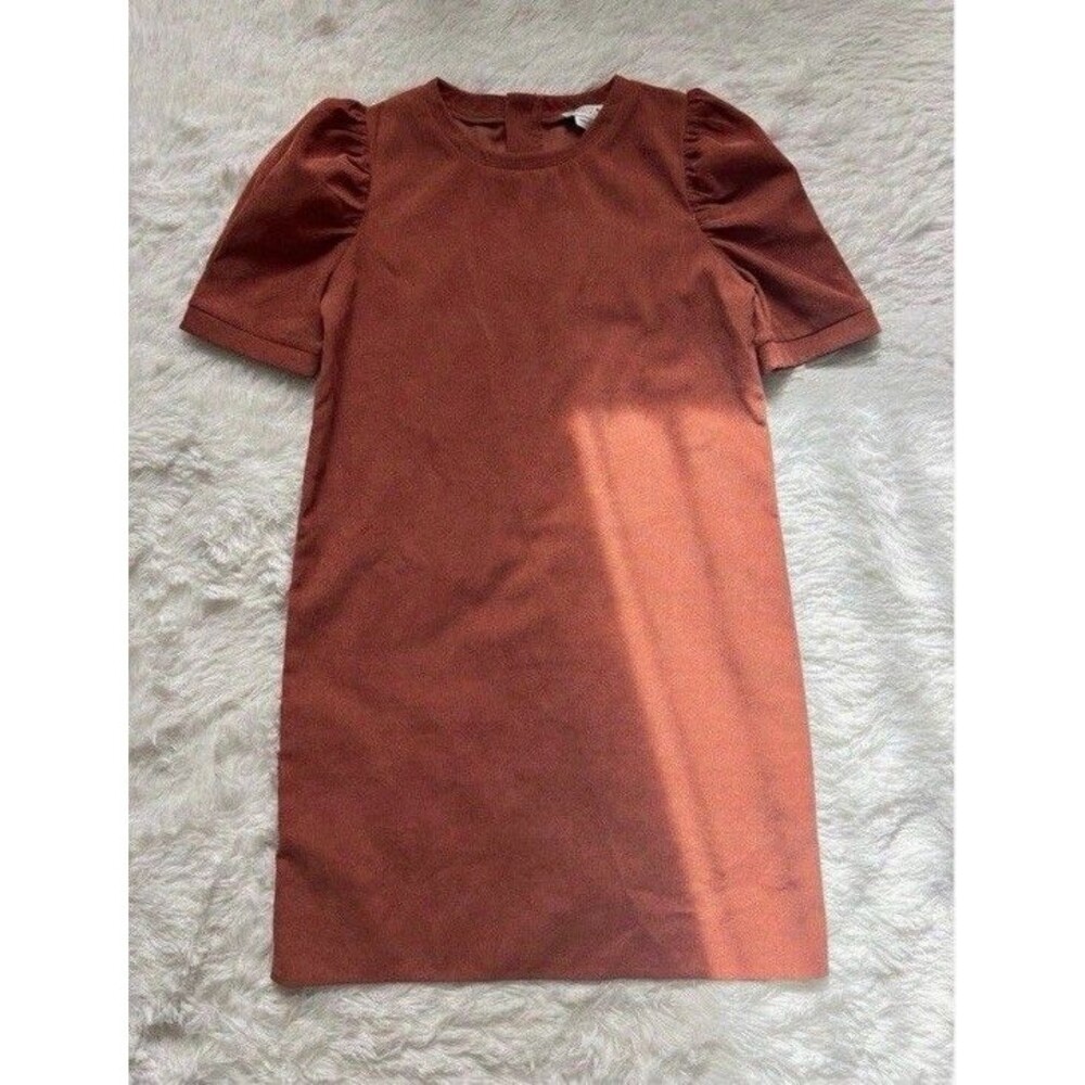 Molly Bracken XS Corduroy Shift Dress Brown Puff Sleeve Mini Retro Fall